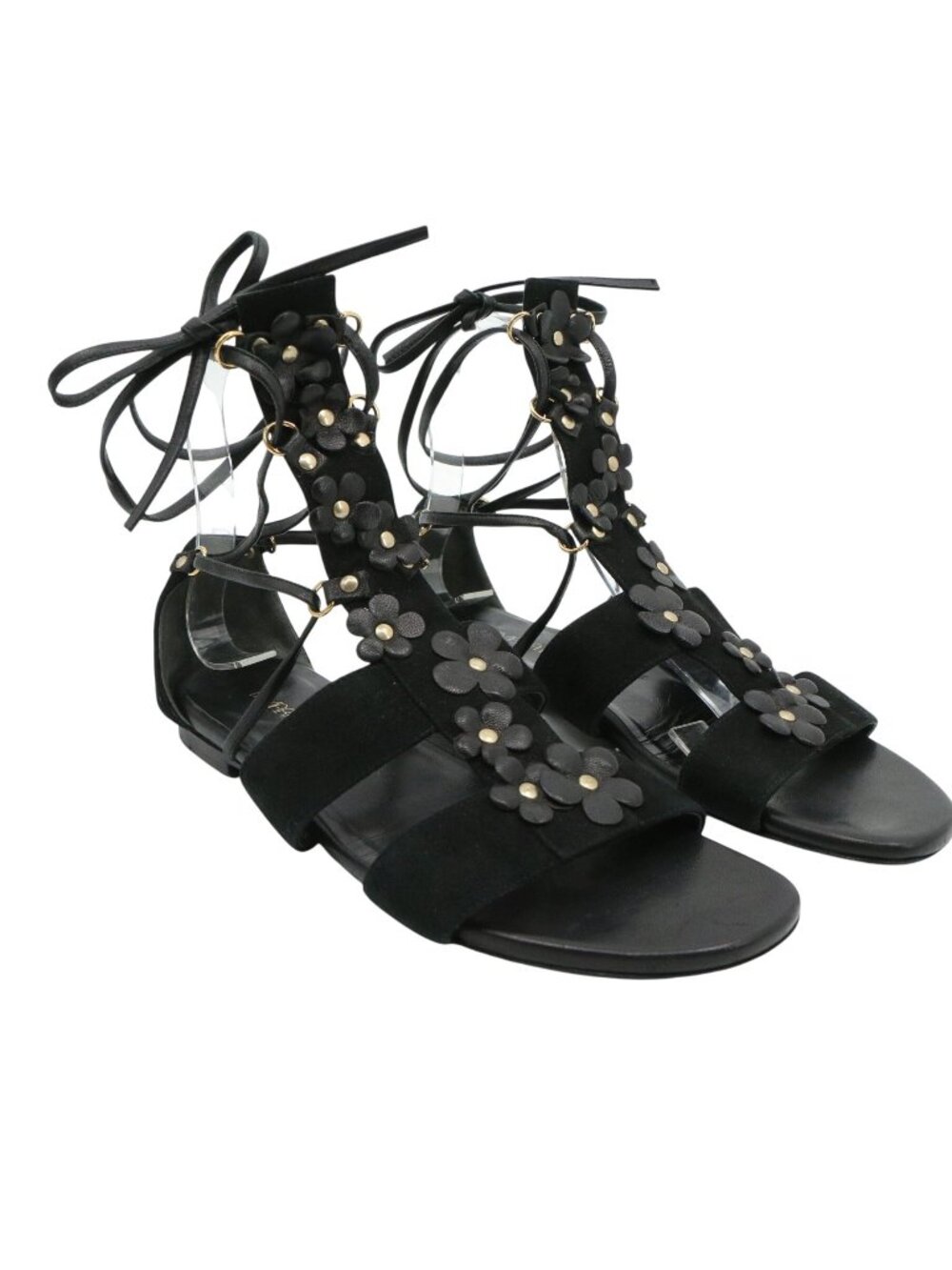 Tamara Mellon Black Leather Lace Up Gladiator Flower Applique Flat Sandals 37 7